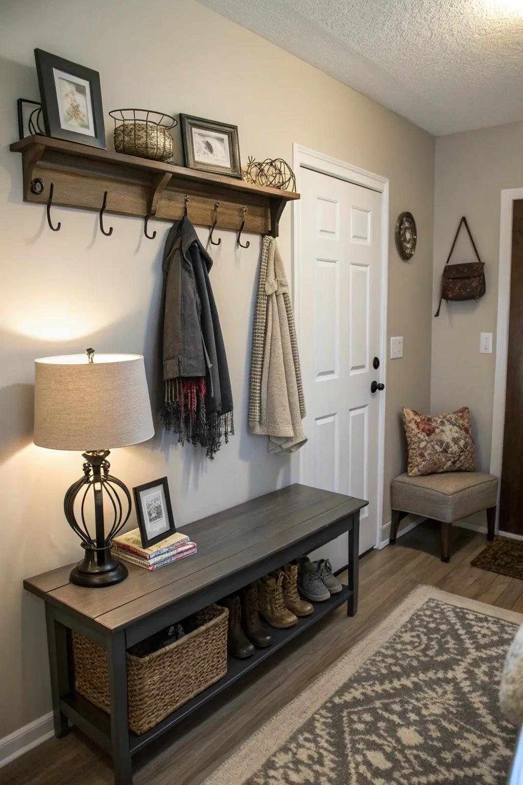 An inviting entryway maximizes functionality in a small apartment.