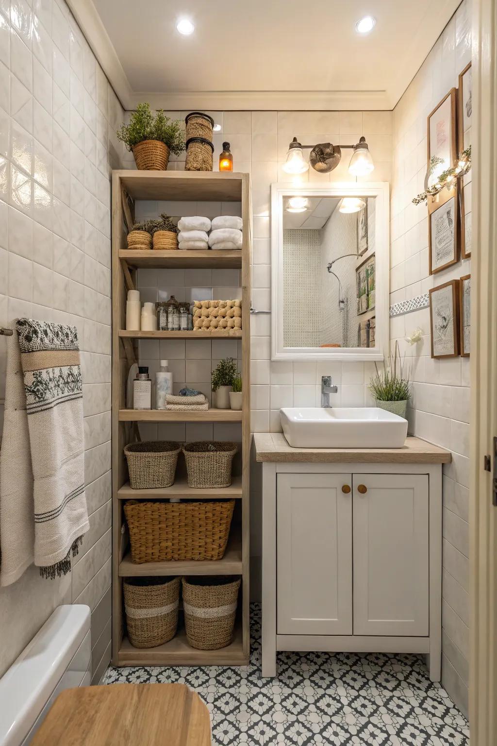 Open shelving adds storage and style to small bathrooms.