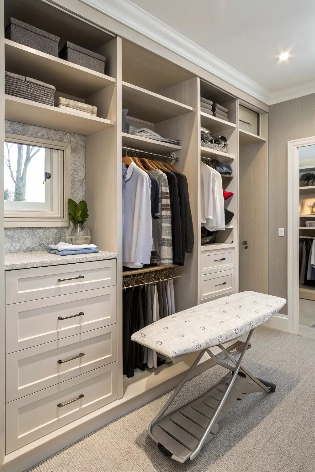 A fold-out ironing board adds convenience and saves space.