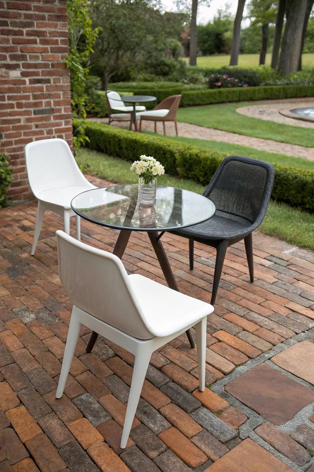 Modern furniture on a traditional brick patio.