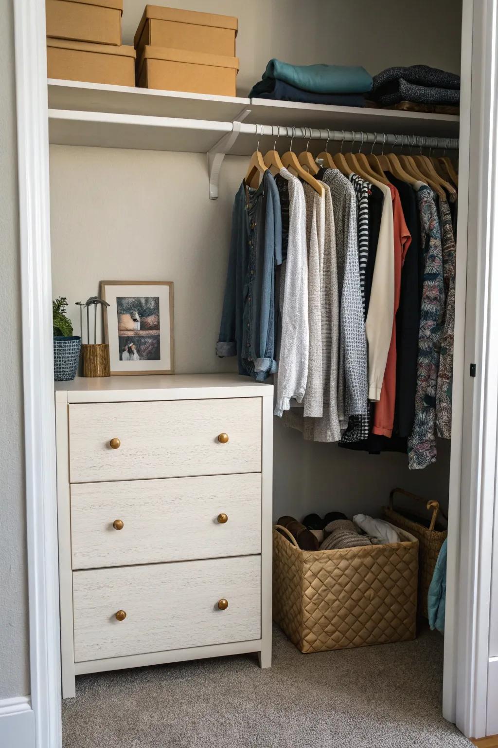 A small dresser adds valuable storage space in tight areas.