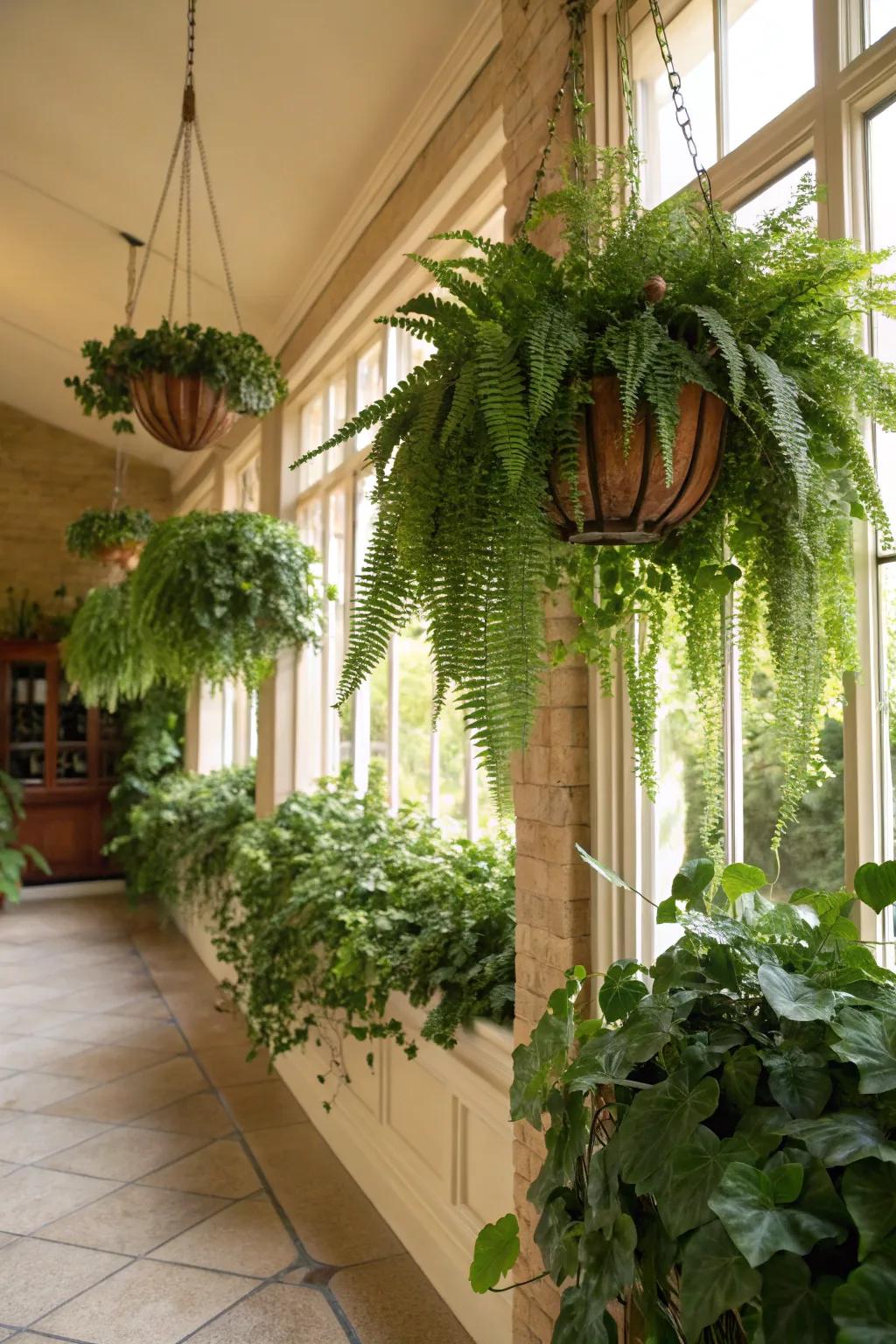 Hanging baskets create floating greenery indoors.