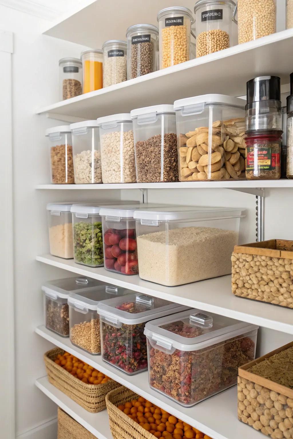 Clear bins keep your pantry organized and transparent.