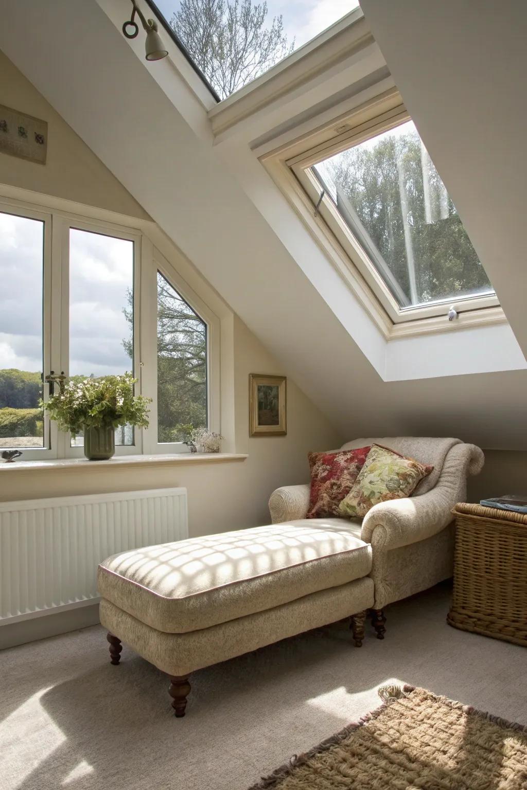 A bright and airy setting with a chaise lounge positioned under a skylight.