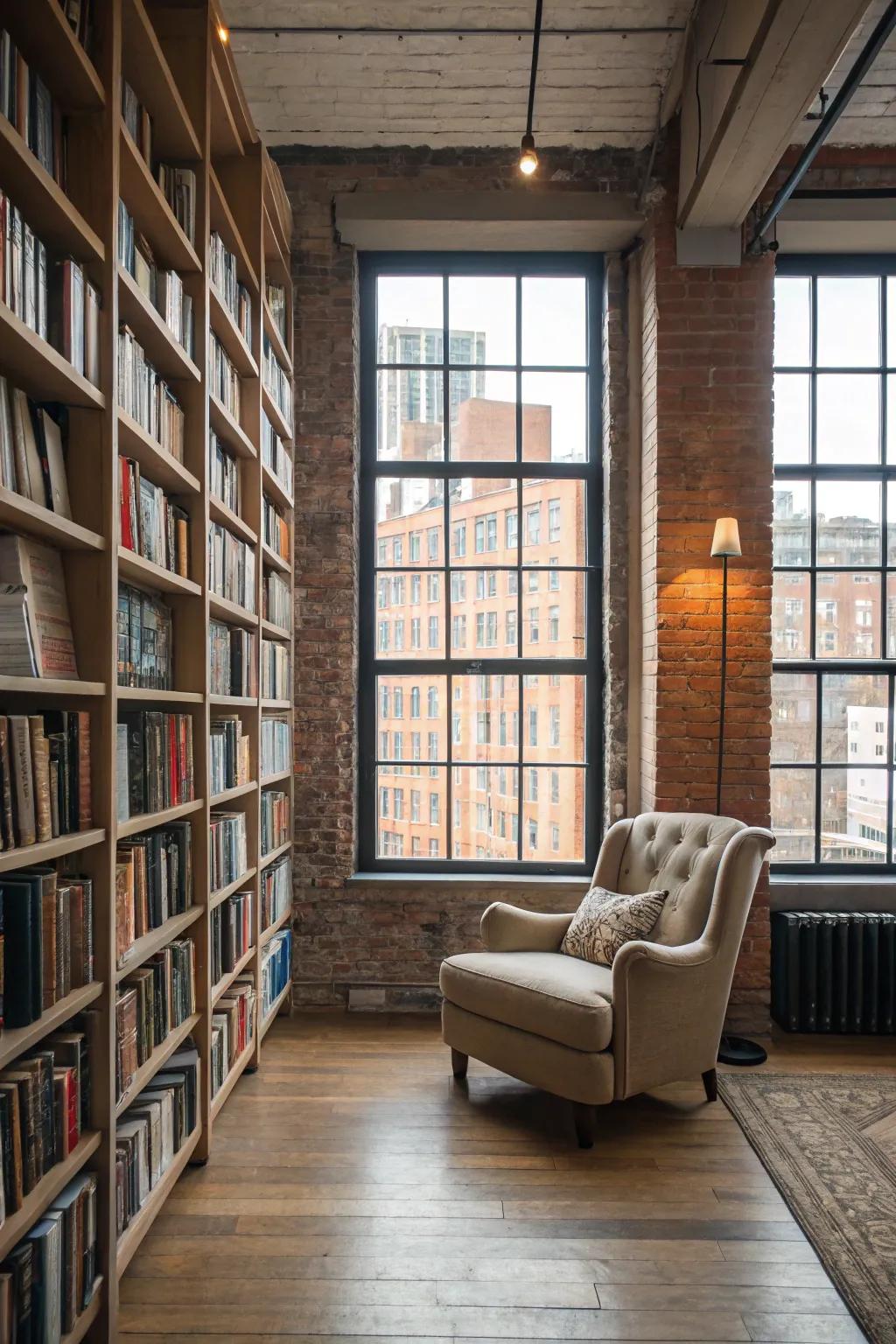 Cozy library loft with ample bookshelves and a reading nook.