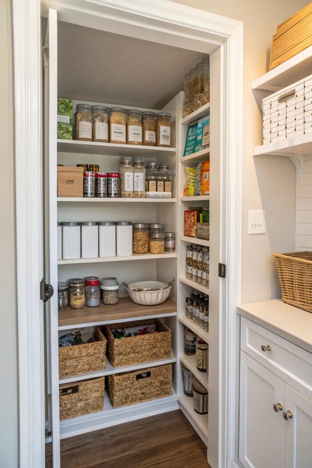 Adjustable shelves provide flexibility for different pantry items.