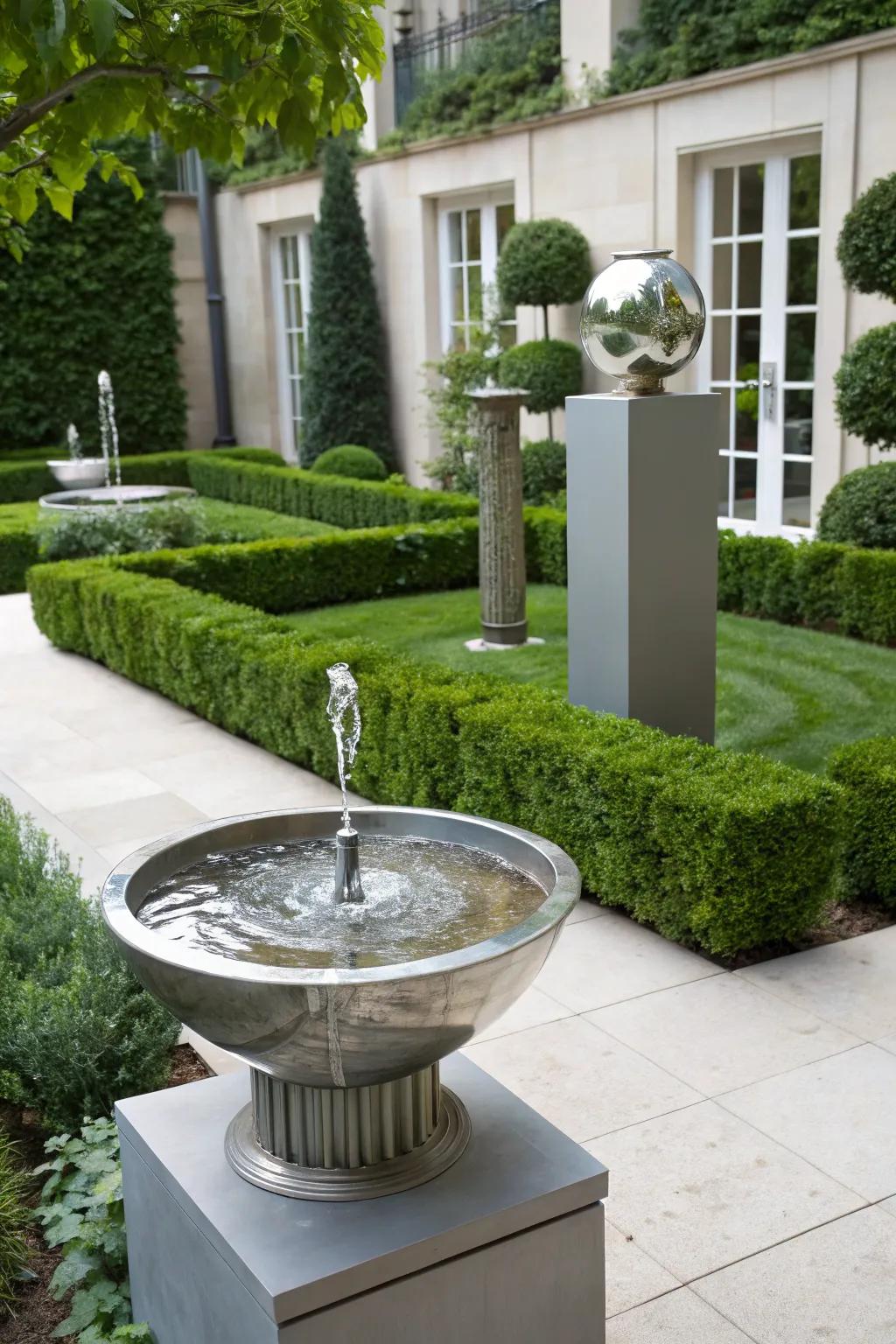 A metal fountain provides a modern contrast in lush gardens.