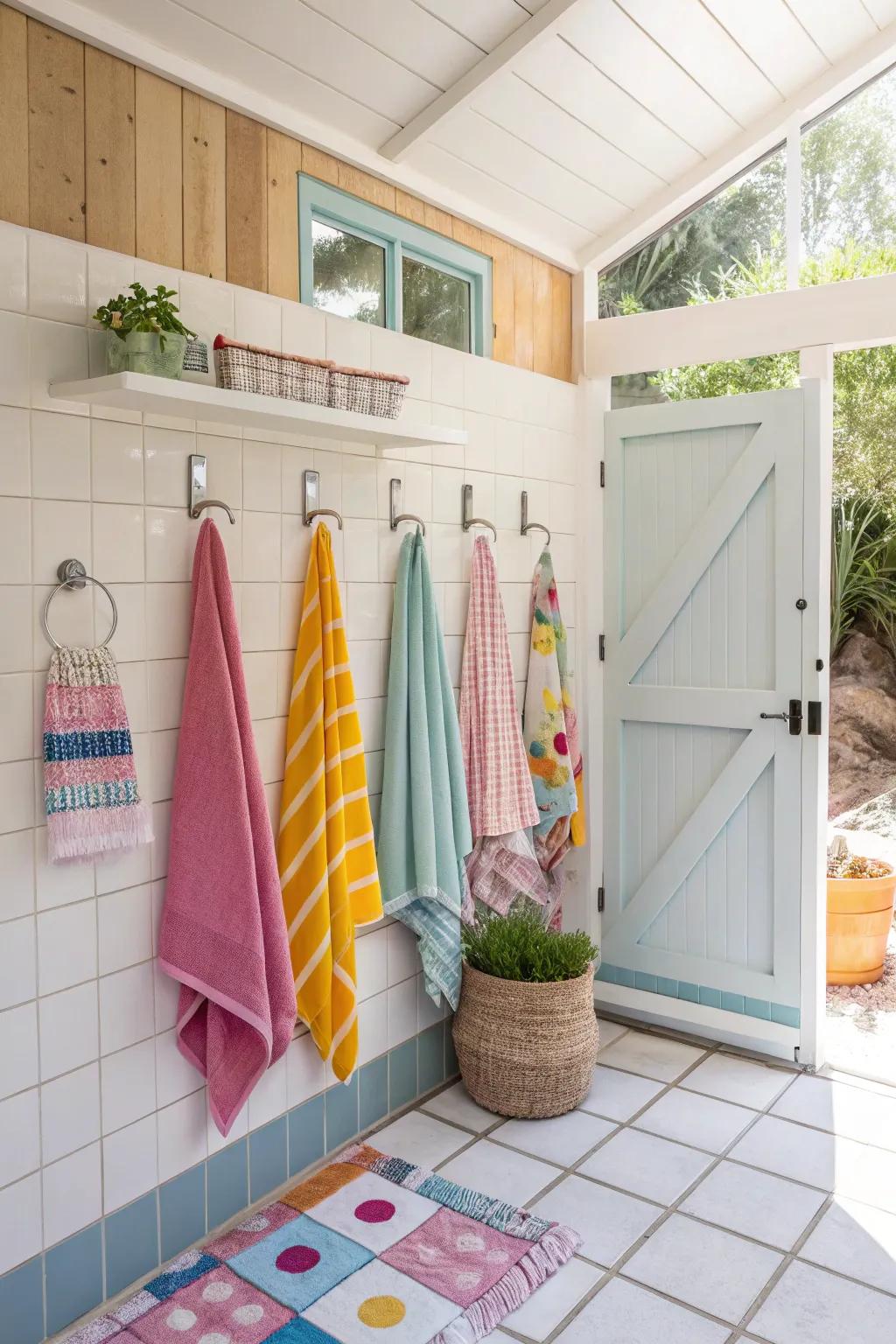 Towel hooks provide practical and accessible drying options.