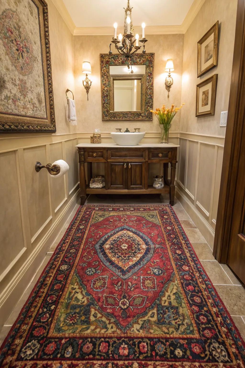 Statement rugs add warmth and cohesion to powder rooms.