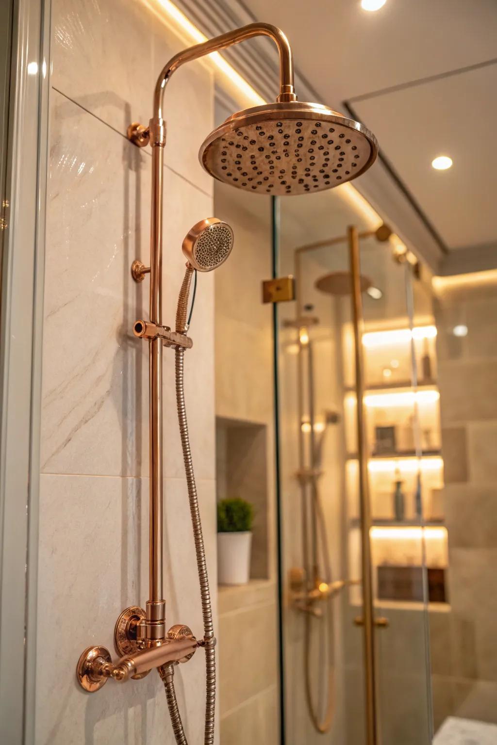 A small shower enhanced with elegant rose gold fixtures.