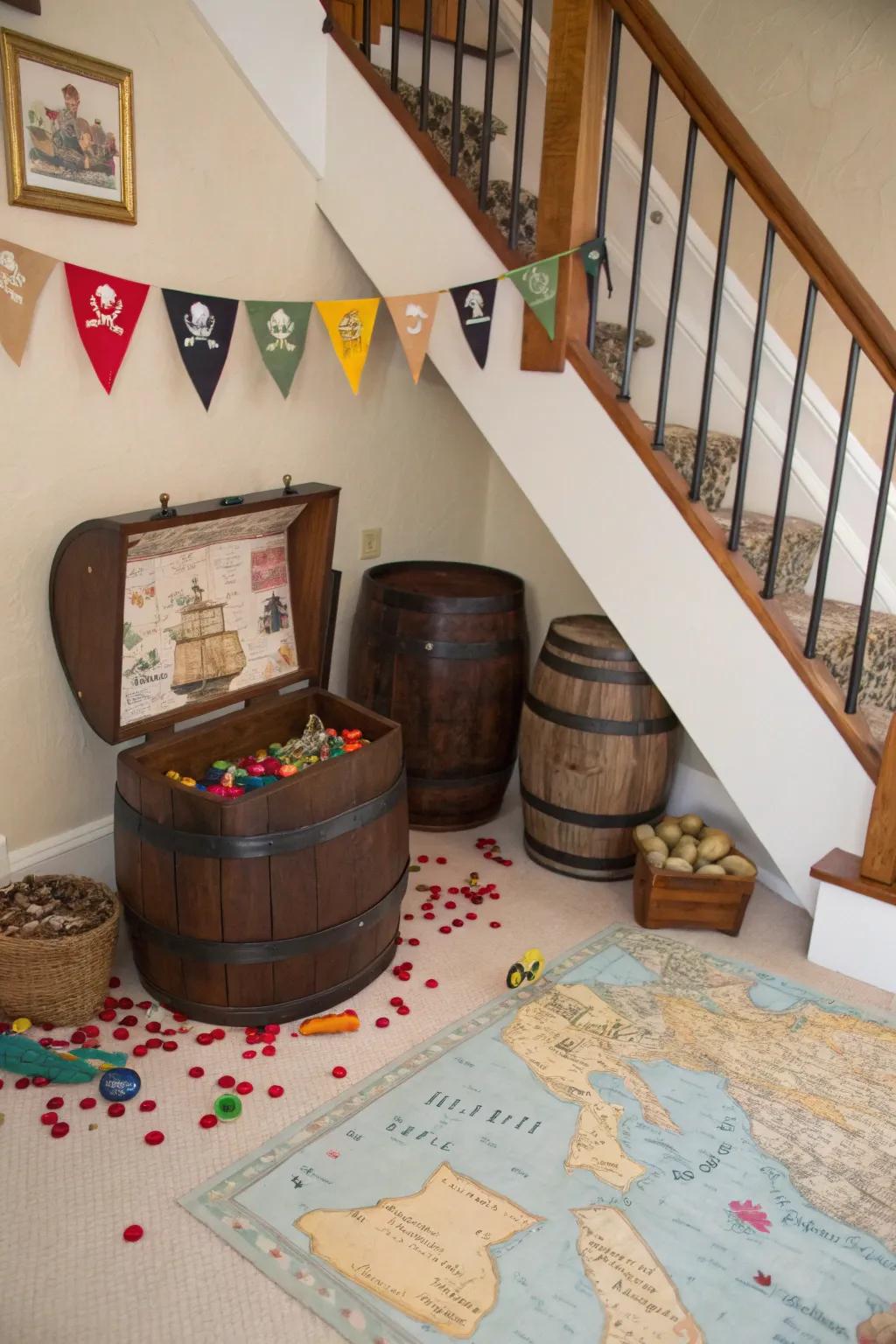 A pirate's cove under the stairs for seafaring adventures.