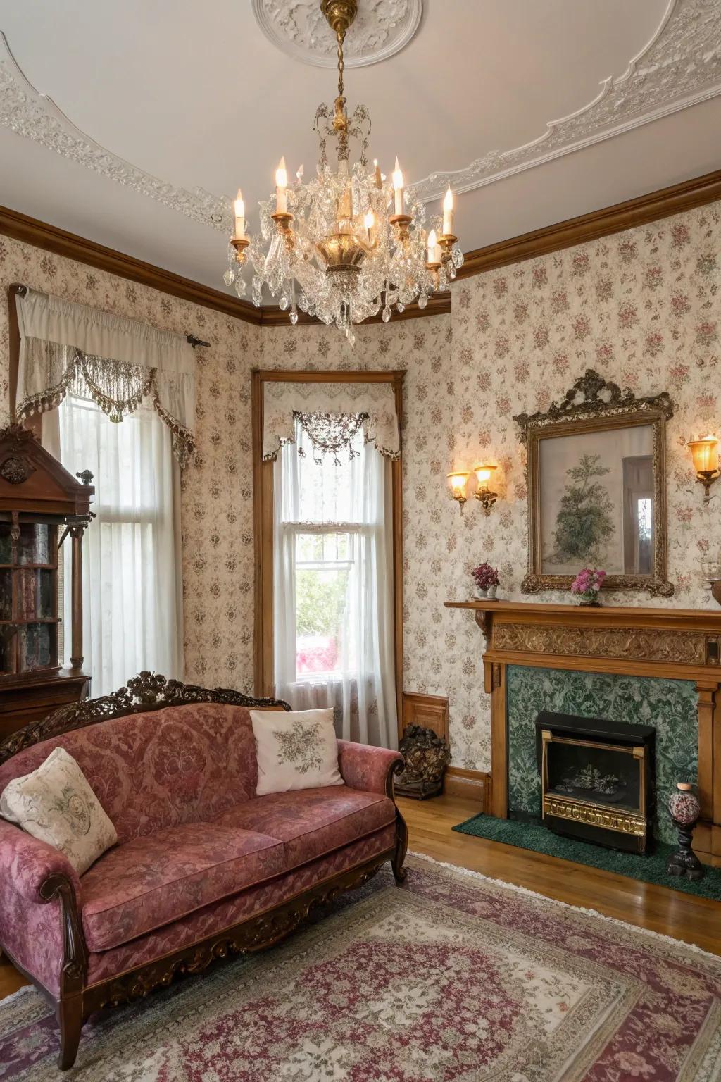 Decorative wallpapers add color and texture to Victorian spaces.