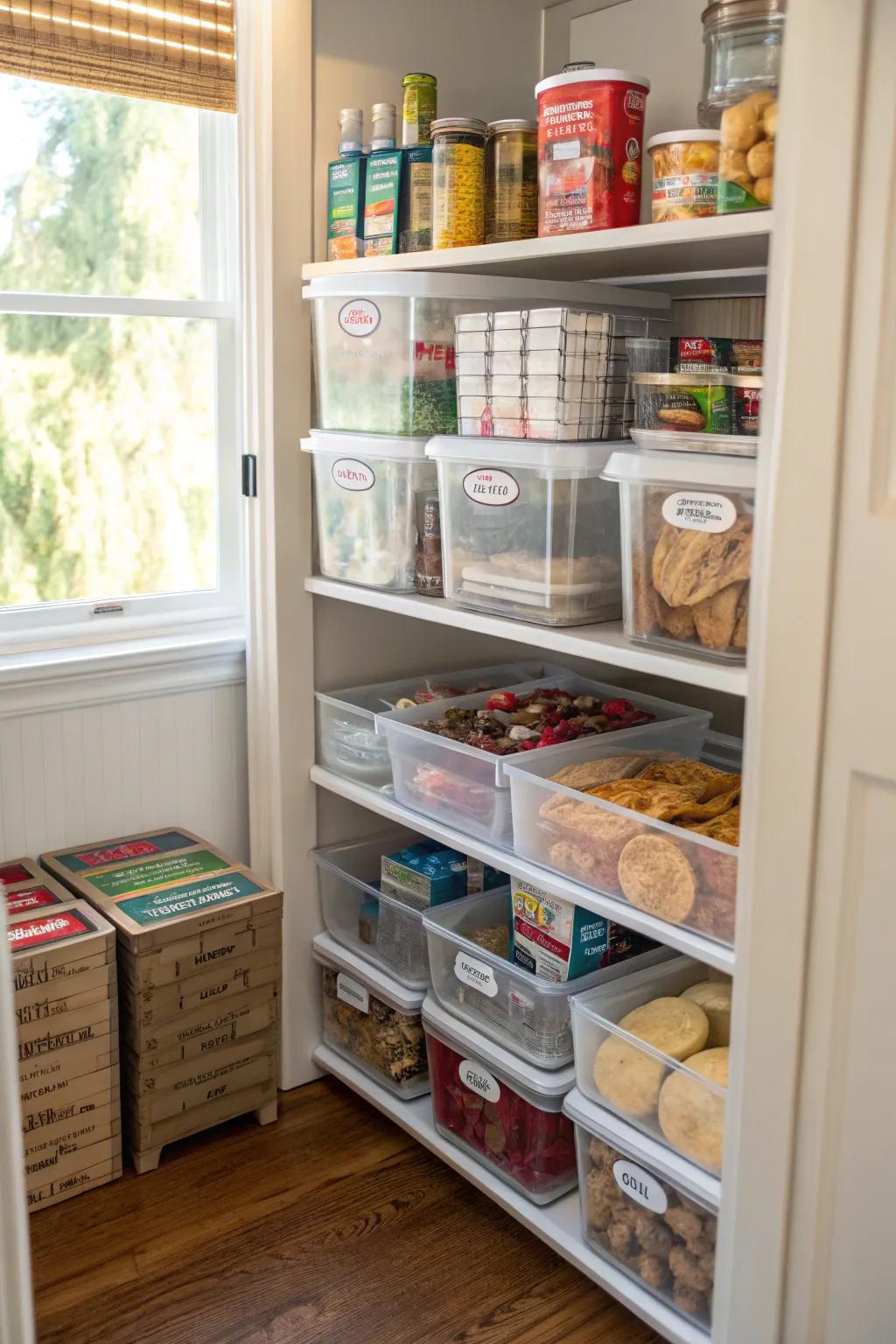 Clear bins provide visibility and organization in the pantry.