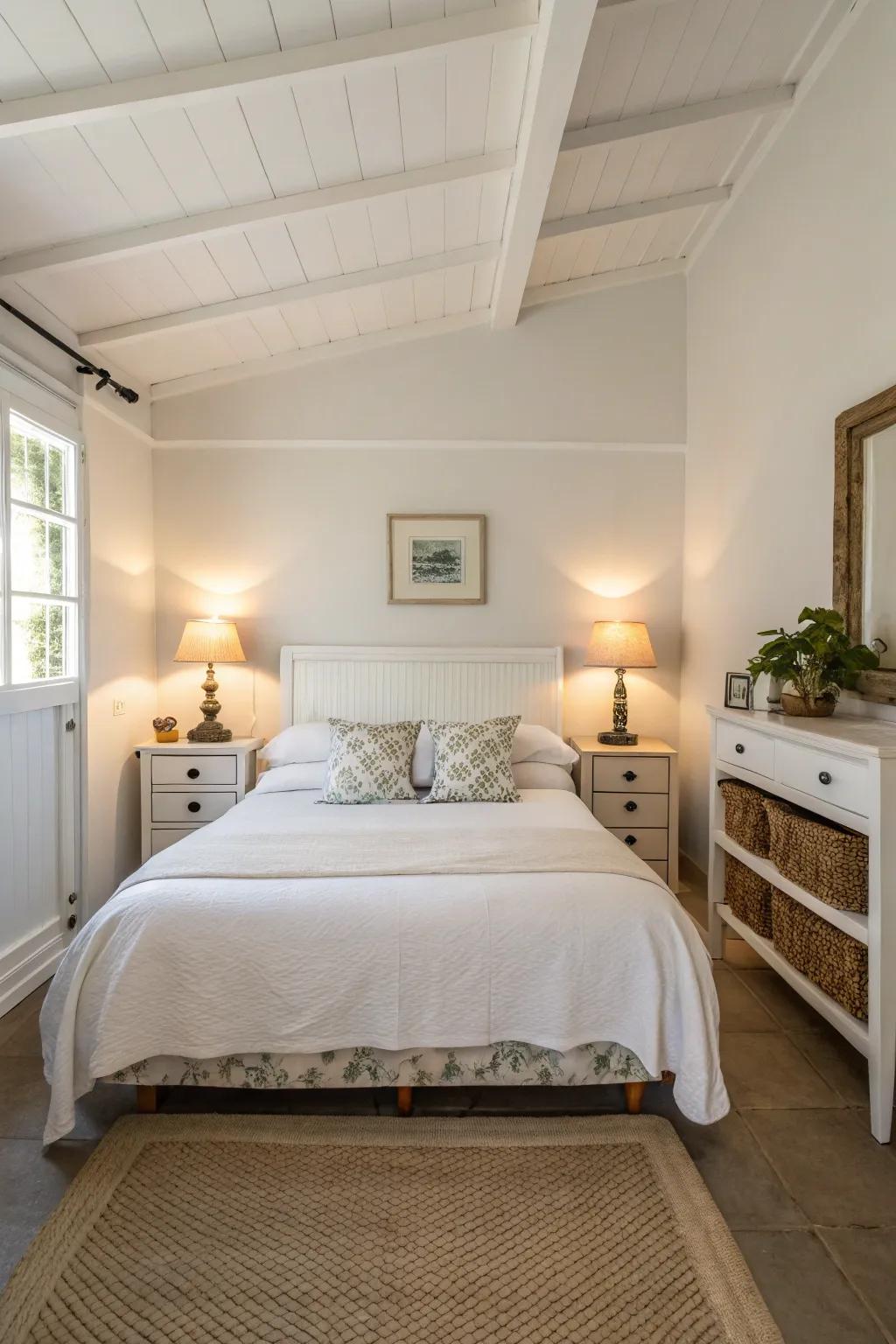 Symmetry enhances the tranquil feel of a small white bedroom.