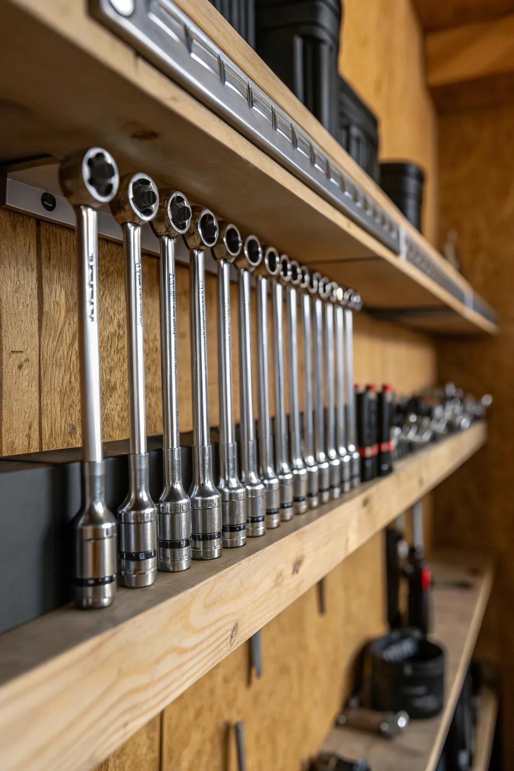 Elevate your workshop: Discover the art of organized efficiency with hanging wrench rails.