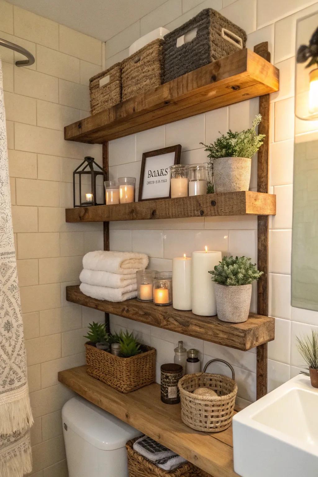 Rustic shelving provides charm and practical storage.