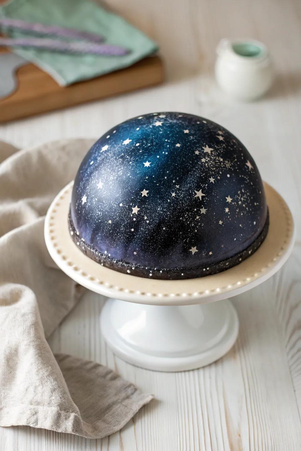 Experience the cosmos with this ethereal galaxy sphere cake, a perfect centerpiece for your space-themed soirée.