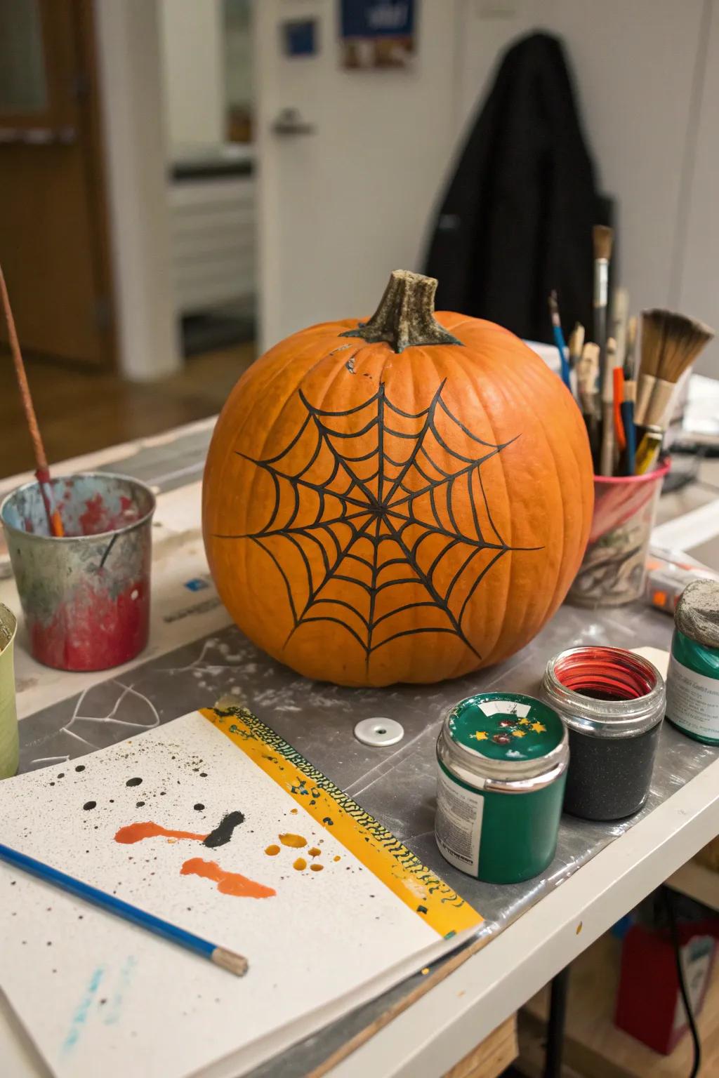 A pumpkin with a modern paint splatter web.