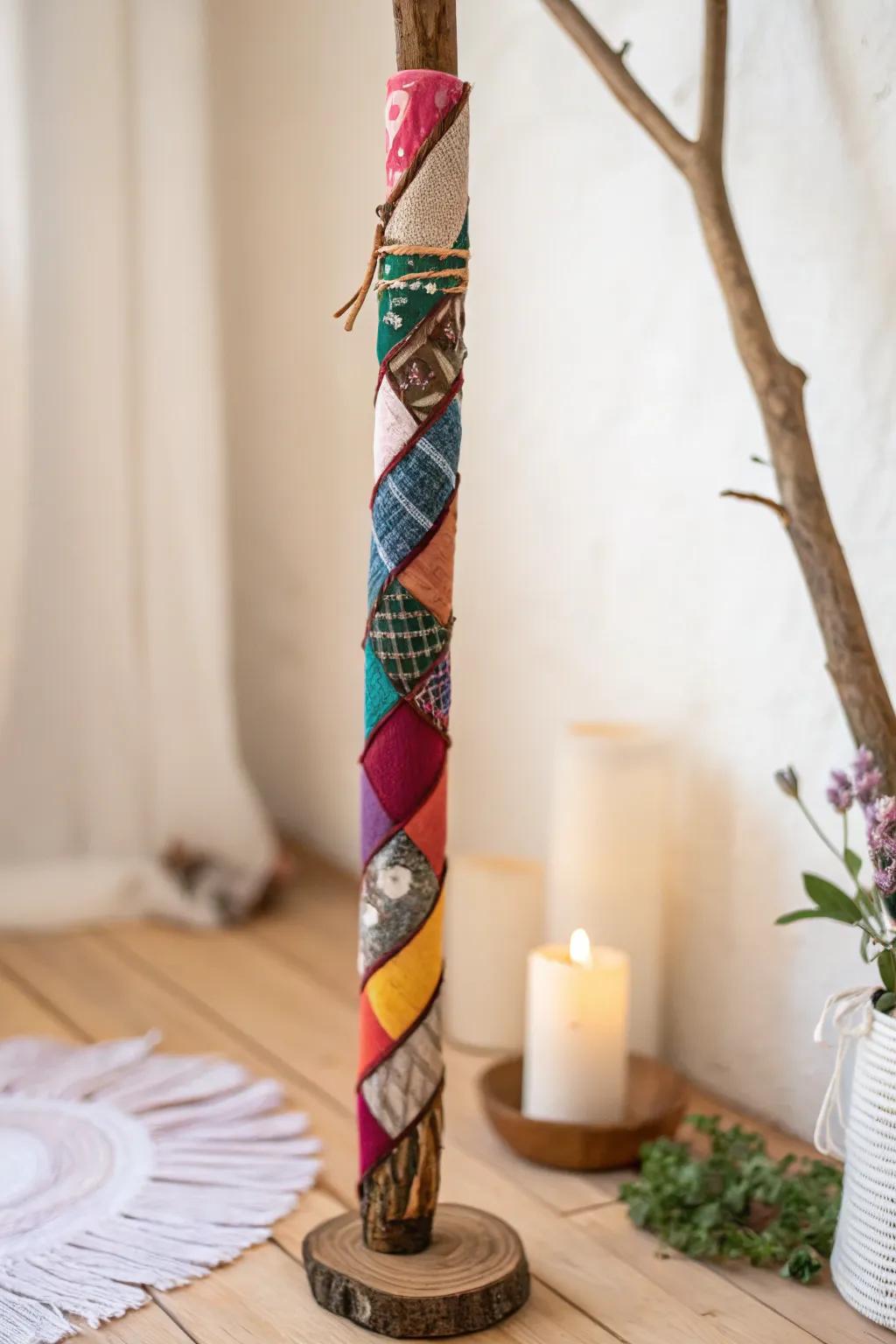 Transform your spirit stick into a vibrant masterpiece with colorful fabric scraps, adding a touch of boho charm to minimalist elegance.