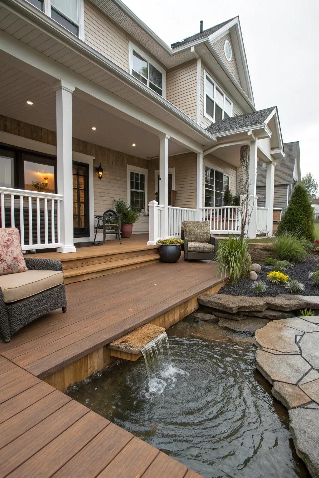 A water feature adds a soothing element to this split foyer porch.