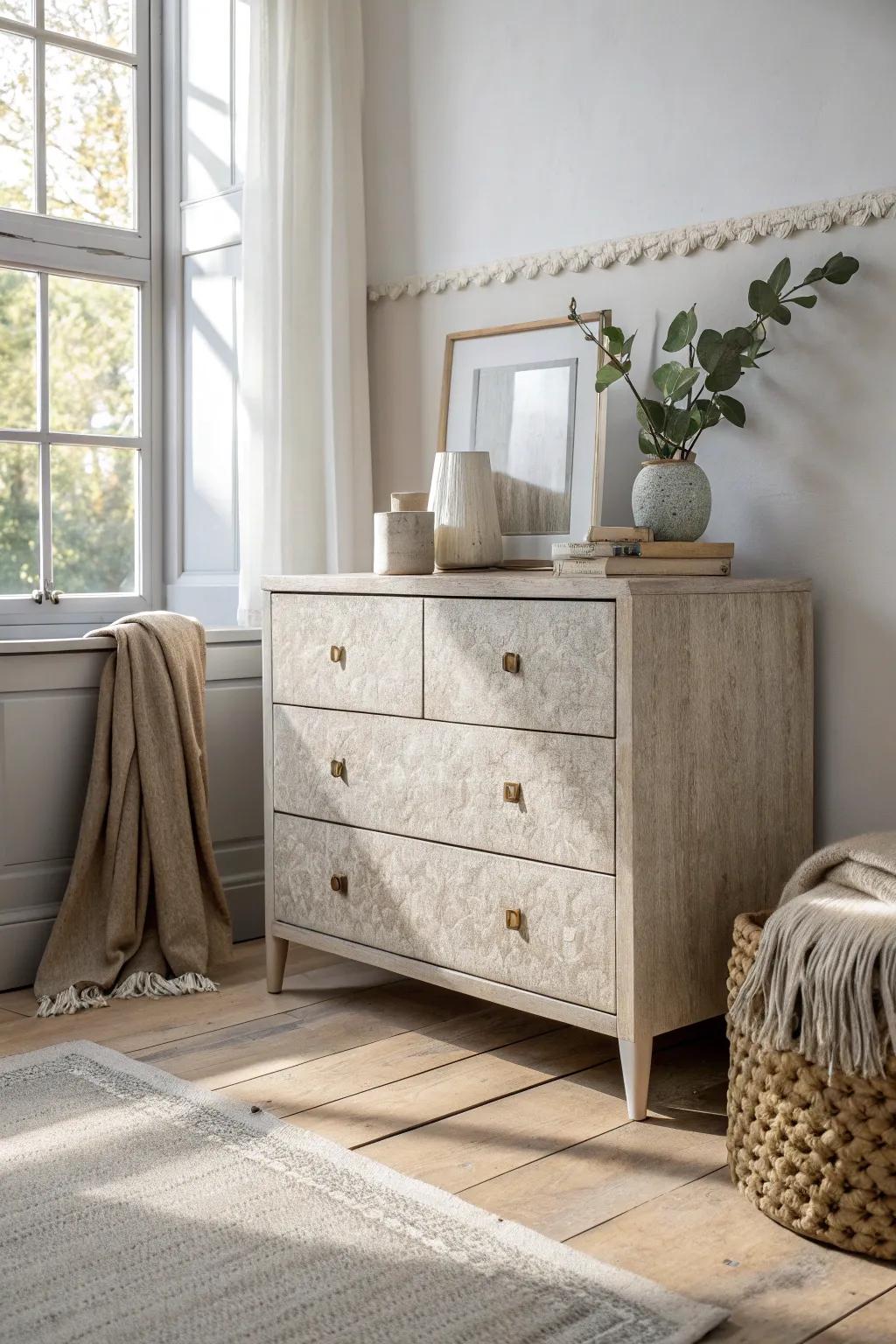 Transform your dresser with textured spray paint for a touch of minimalist elegance.