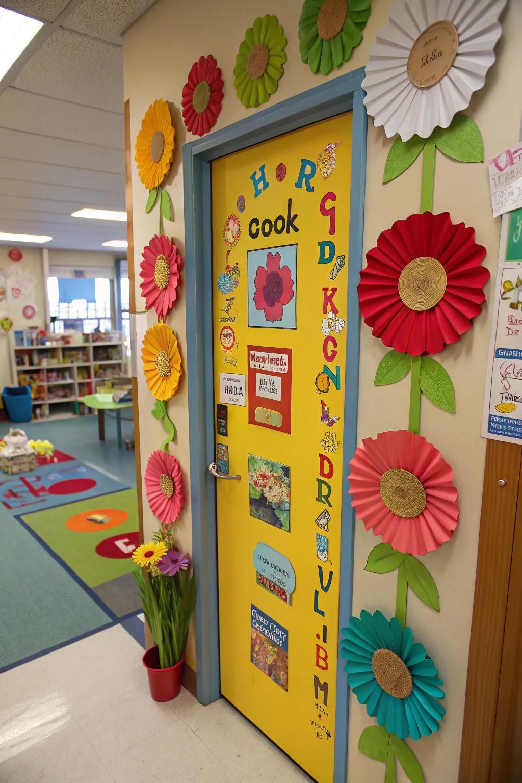 A blooming bookworm theme decorates the door.