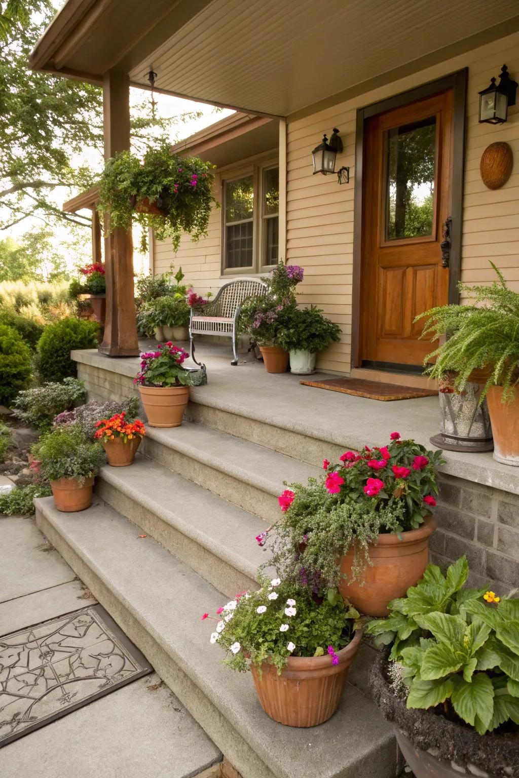 Greenery lining the porch steps for a welcoming feel.