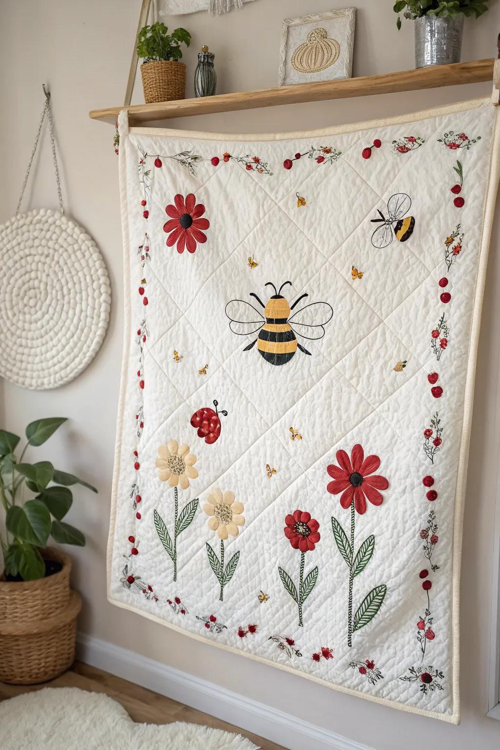 Embrace the whimsy of spring with this charming wall hanging quilt, where bees and ladybugs dance in minimalist style.