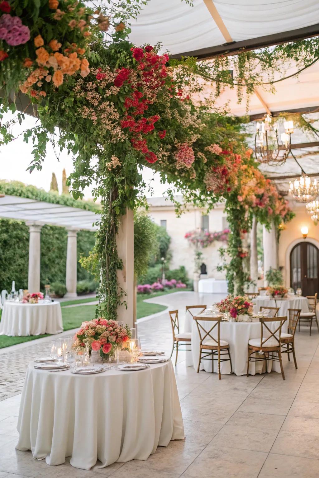 A floral canopy transforms the venue into a floral wonderland.