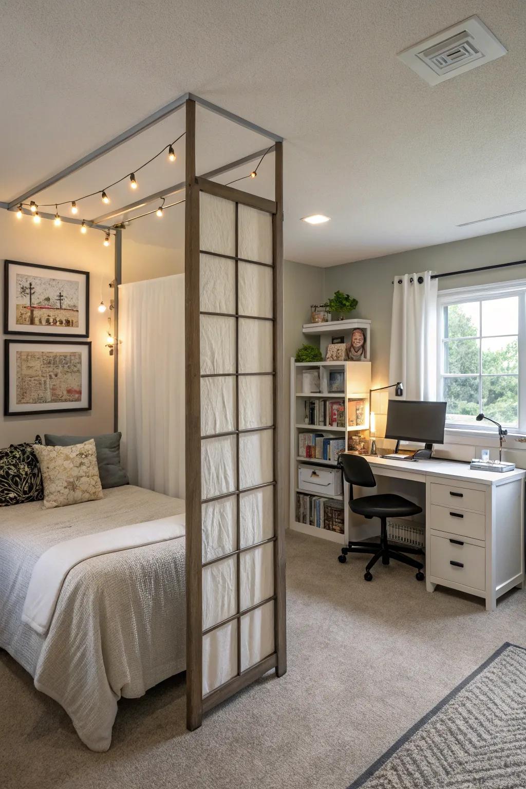 Room dividers create distinct zones for a versatile bedroom.