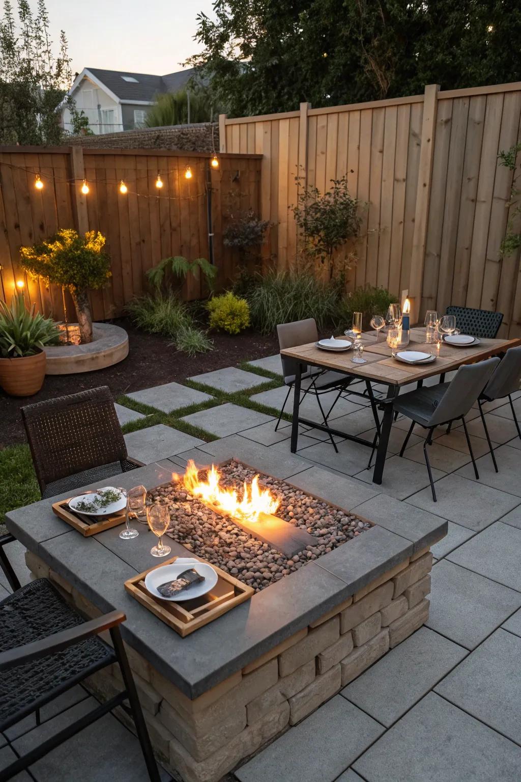 Dining by the fire pit combines warmth with functionality.