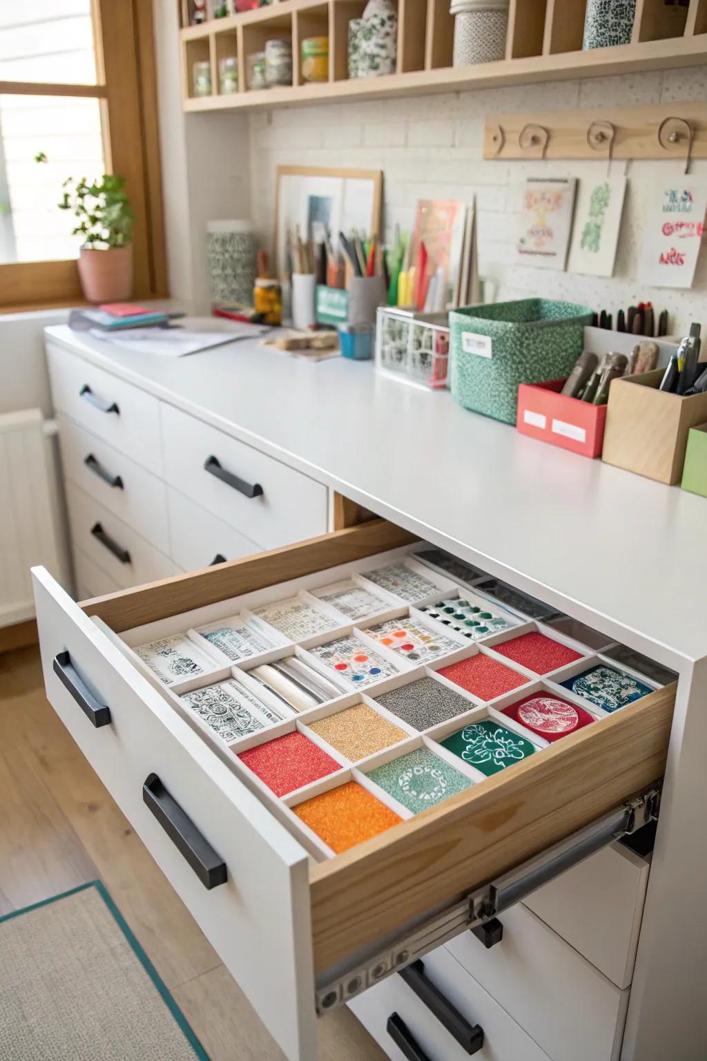 Drawer dividers offer a sleek and hidden stencil storage solution.