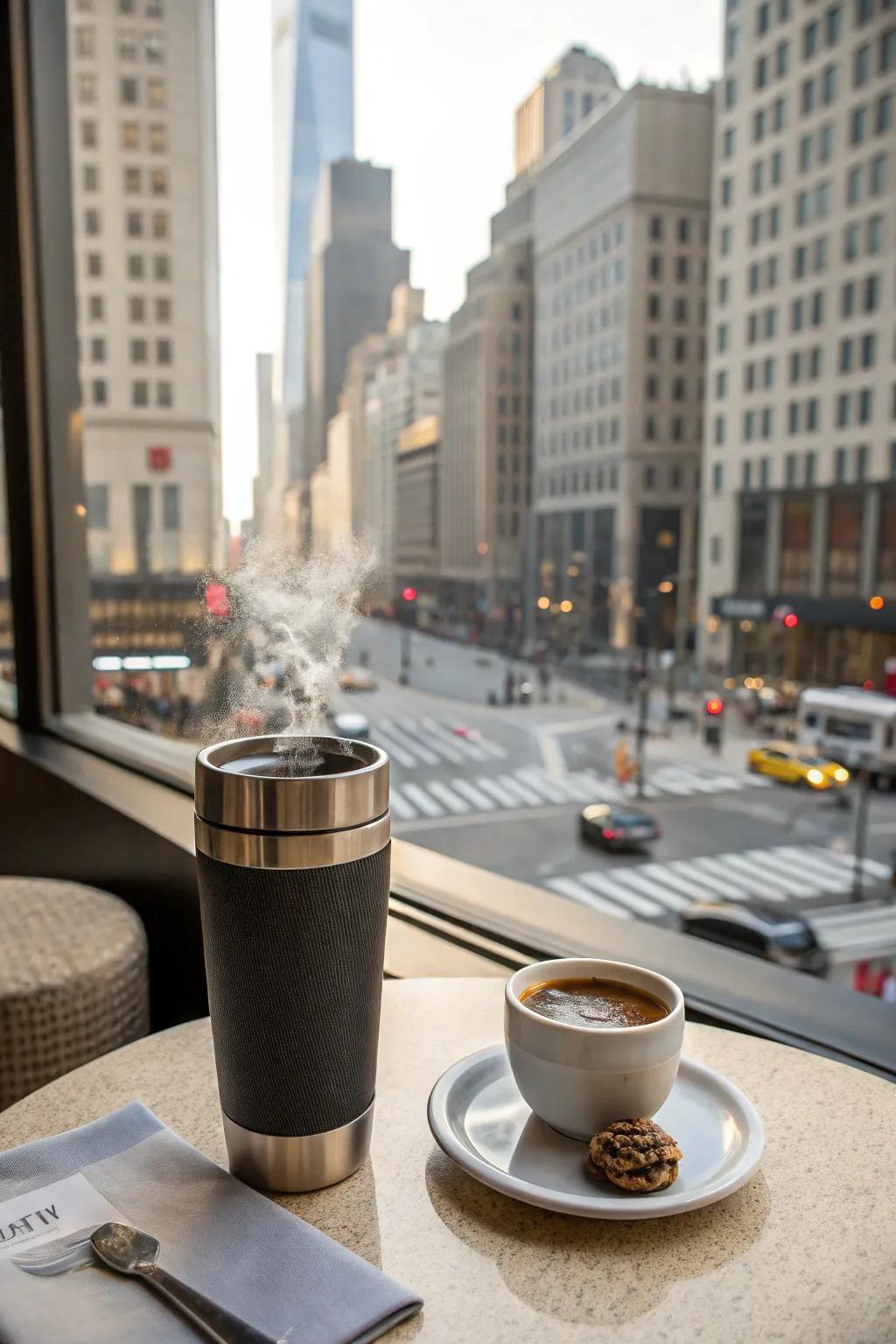 A chic travel mug for her morning coffee on the go.