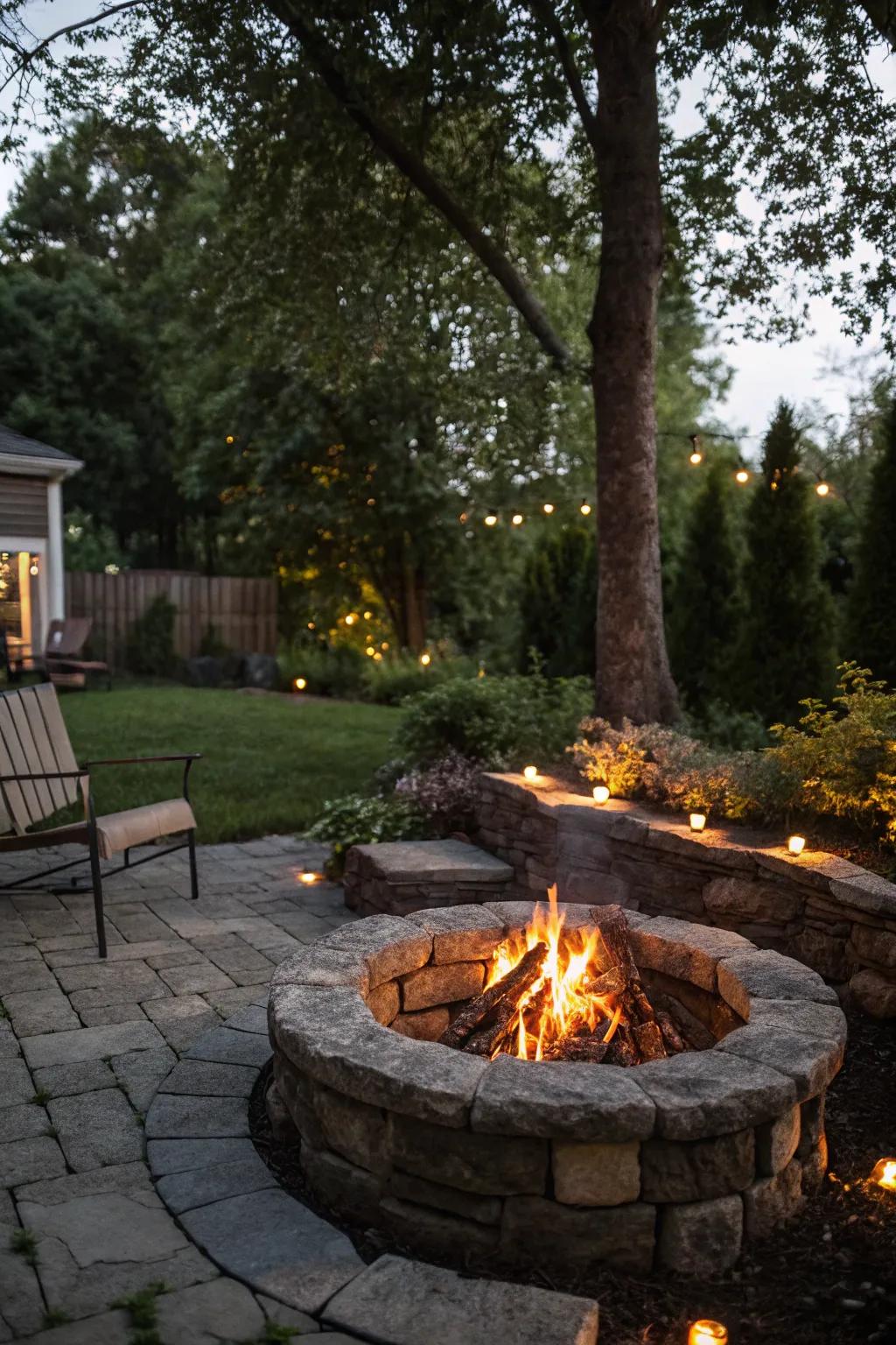 A classic stone ring fire pit offers timeless appeal.