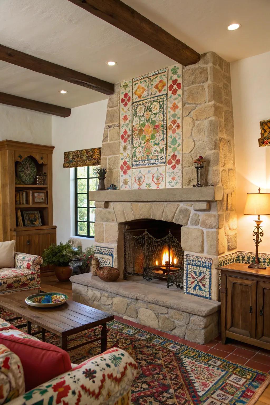 Colorful tile accents around a stone fireplace add charm and personality.