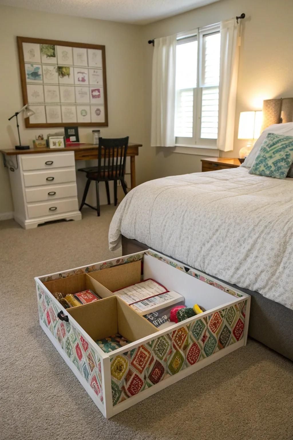 Under-bed storage solution for seasonal bulletin board borders.