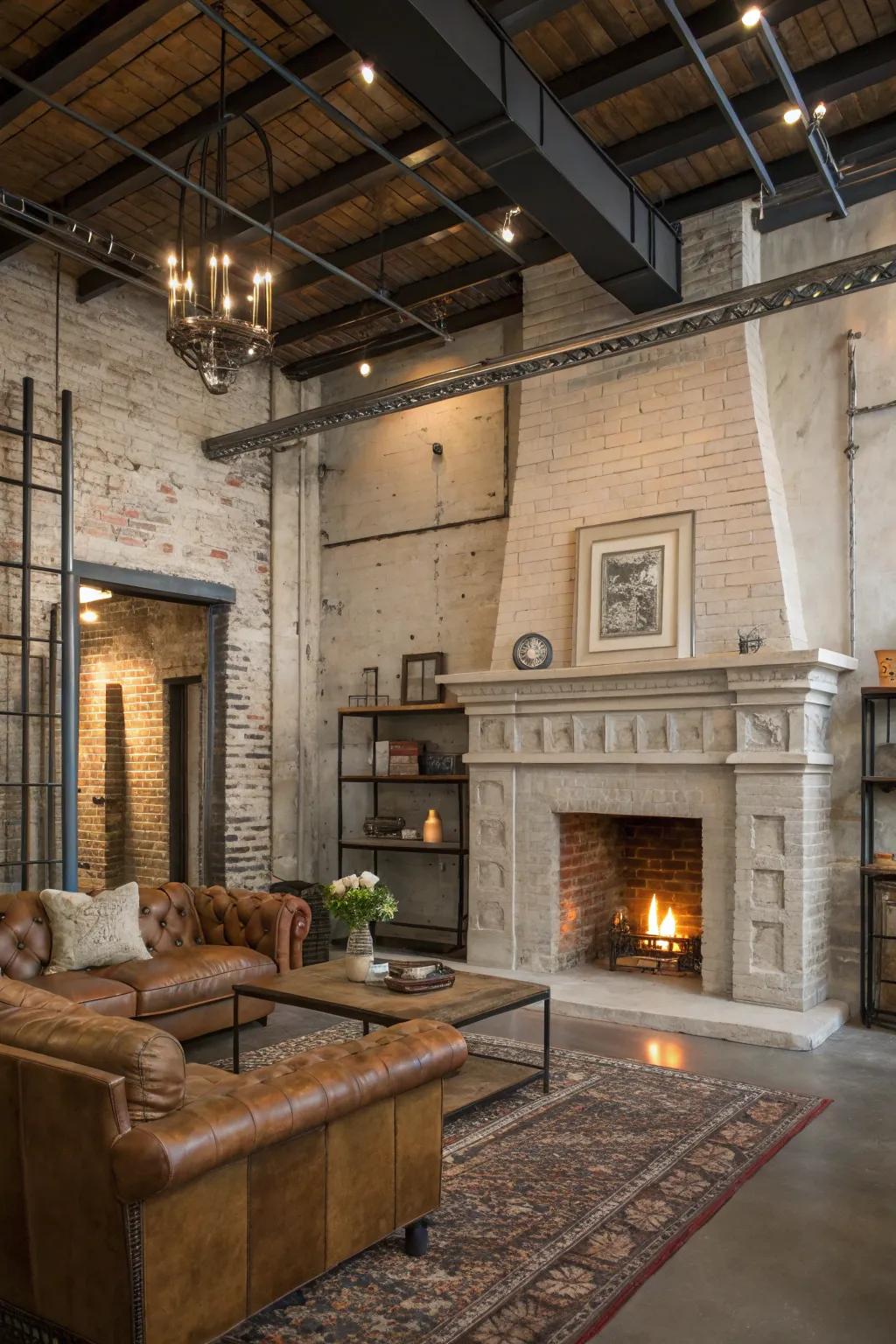 An industrial-edge stucco fireplace with metal elements adds character to this loft.