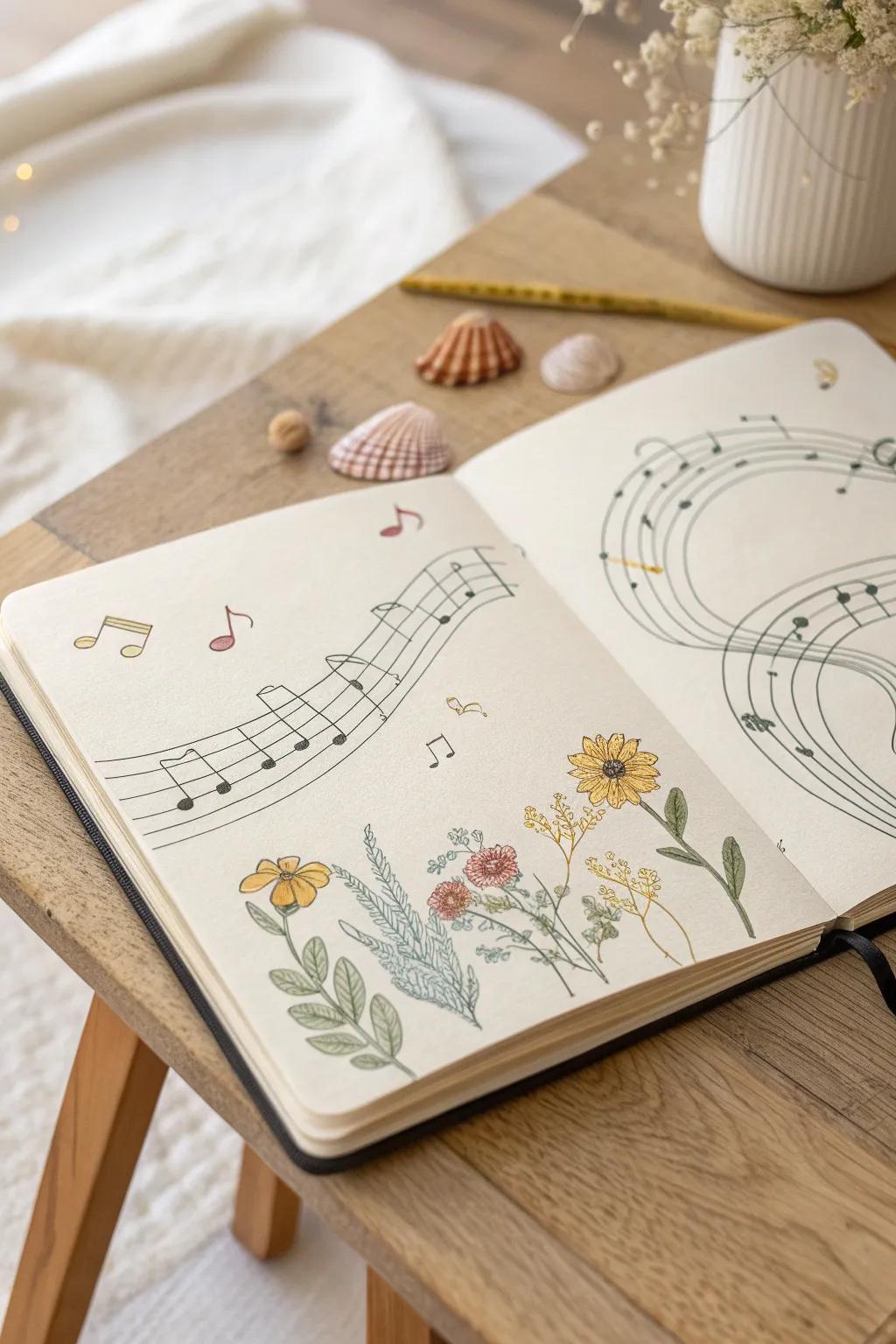 Capture the rhythm of summer in your sketchbook with music notes dancing to warm, sunny vibes. 🎶☀️