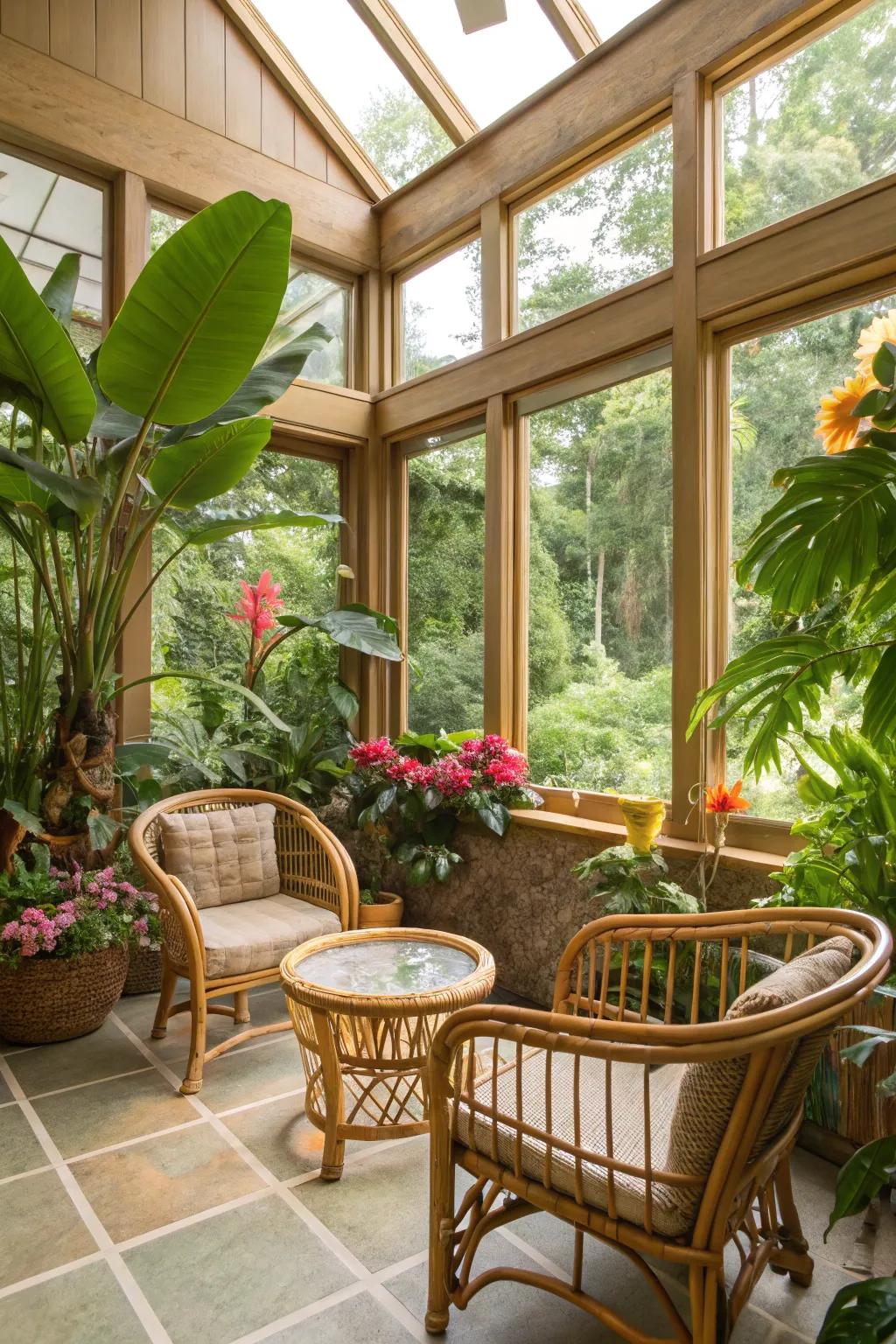 A sunroom transformed into a tropical oasis, rich with vibrant colors and plants.