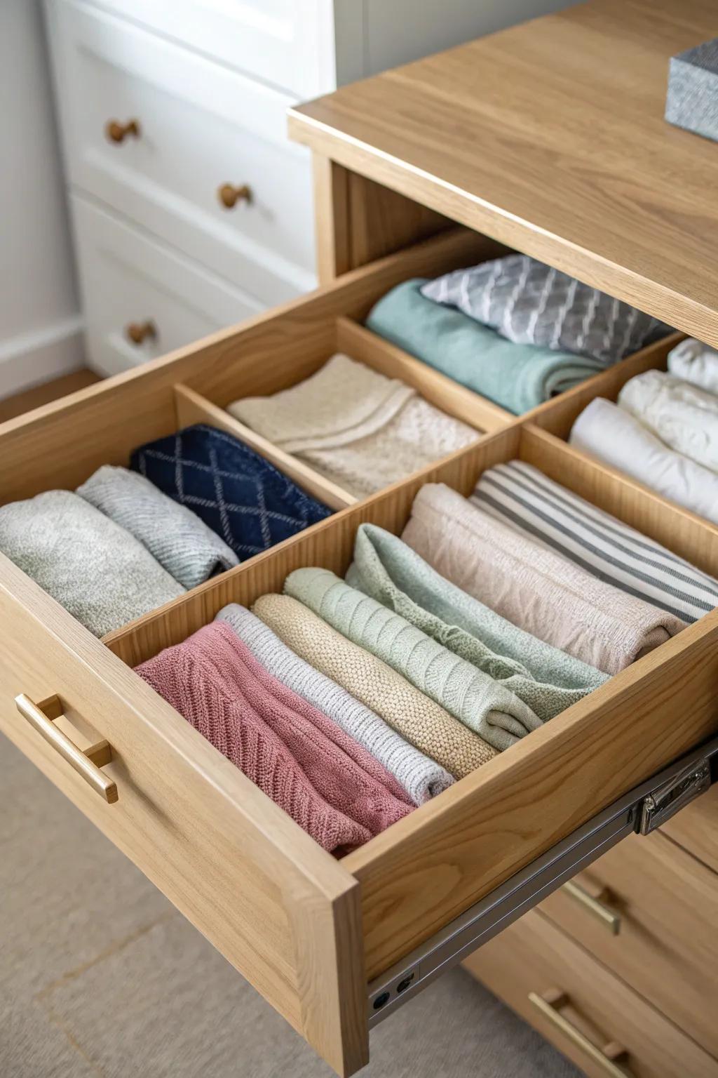 Drawer dividers keep sweaters organized and accessible.