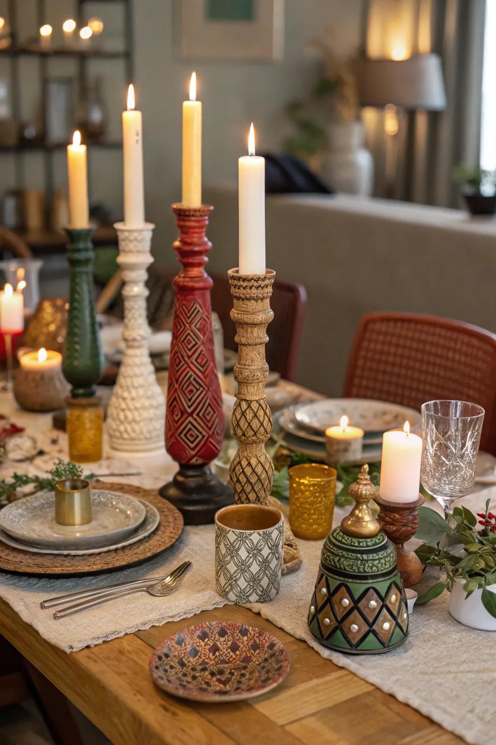 Eclectic candle holders add character and charm.