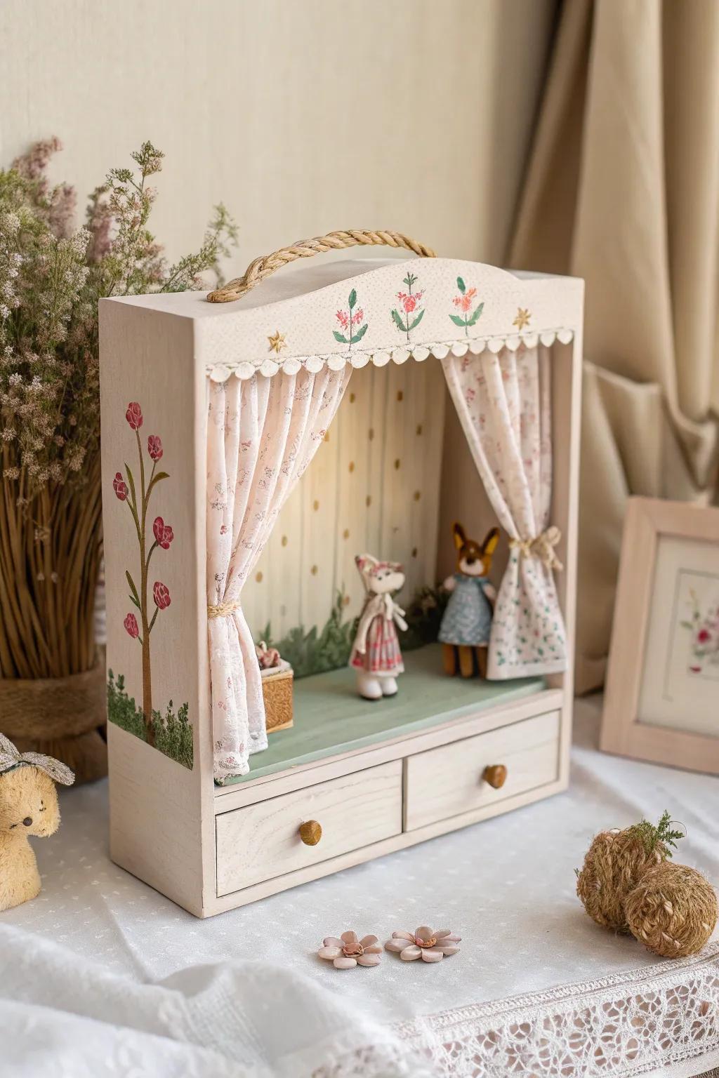 Unleash your imagination with this charming shoe box puppet theater—where storytelling comes to life with Scandinavian elegance and boho flair.