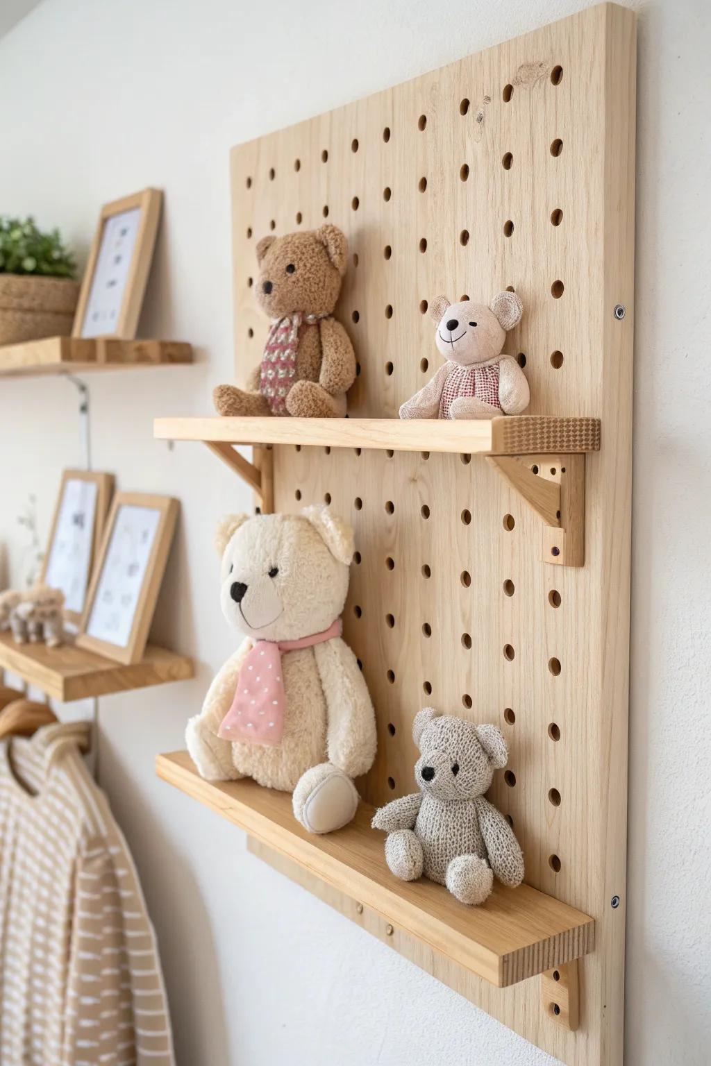 Transform your space with this charming pegboard display, perfect for organizing and showcasing your beloved teddy bears in style.