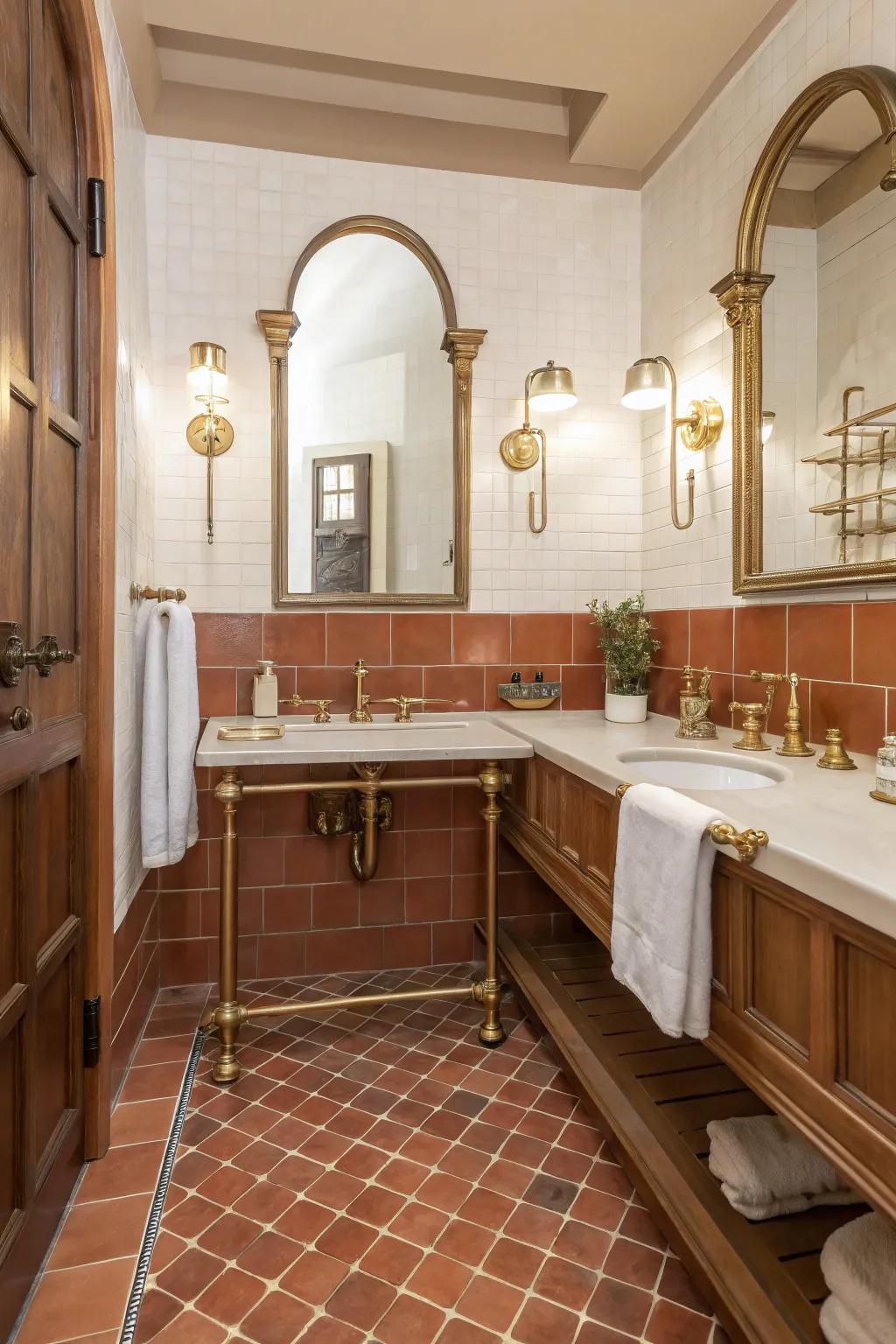 A luxurious blend of terra cotta and brass adds elegance to the bathroom.