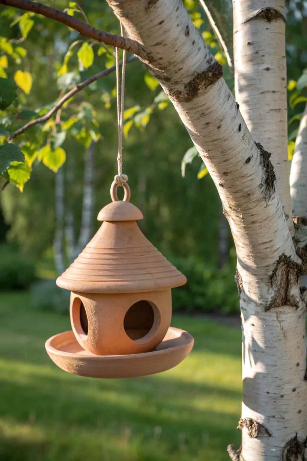 Elevate your garden's allure with a handcrafted terracotta bird feeder, where simplicity meets nature's elegance.