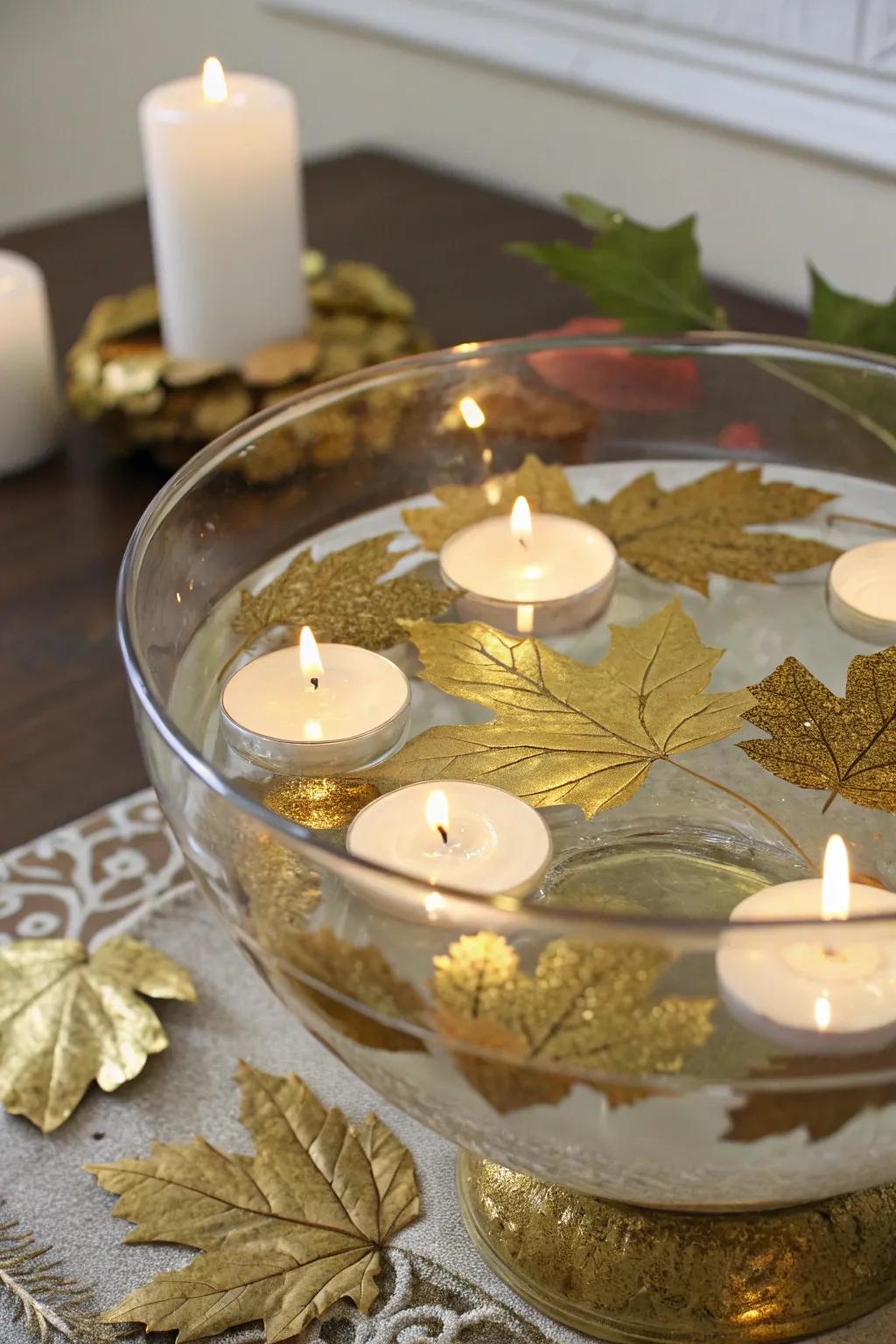 Gilded elements and floating candles add a touch of glamour to Thanksgiving decor.