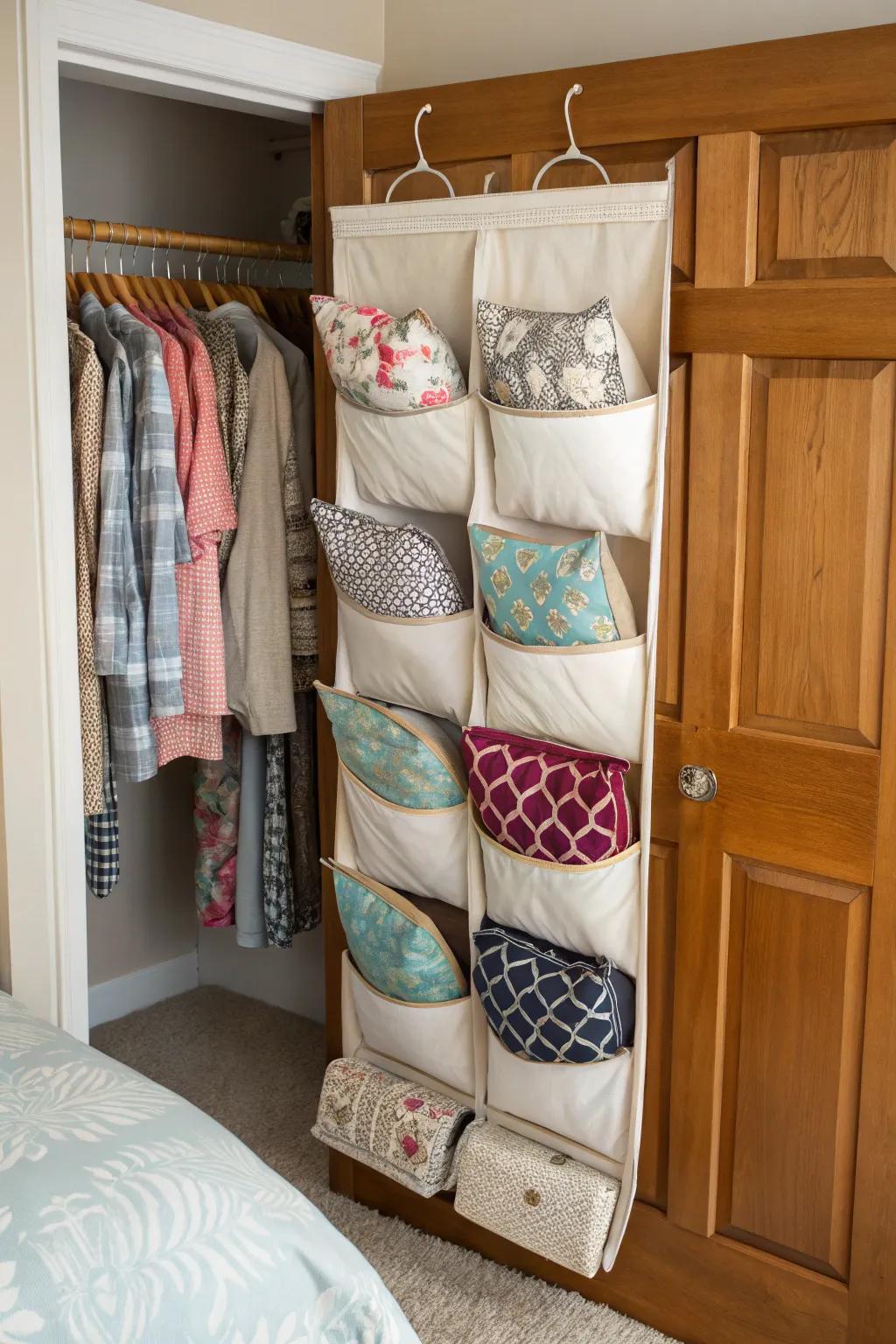 Hanging storage bags efficiently organizing throw pillows in a closet.