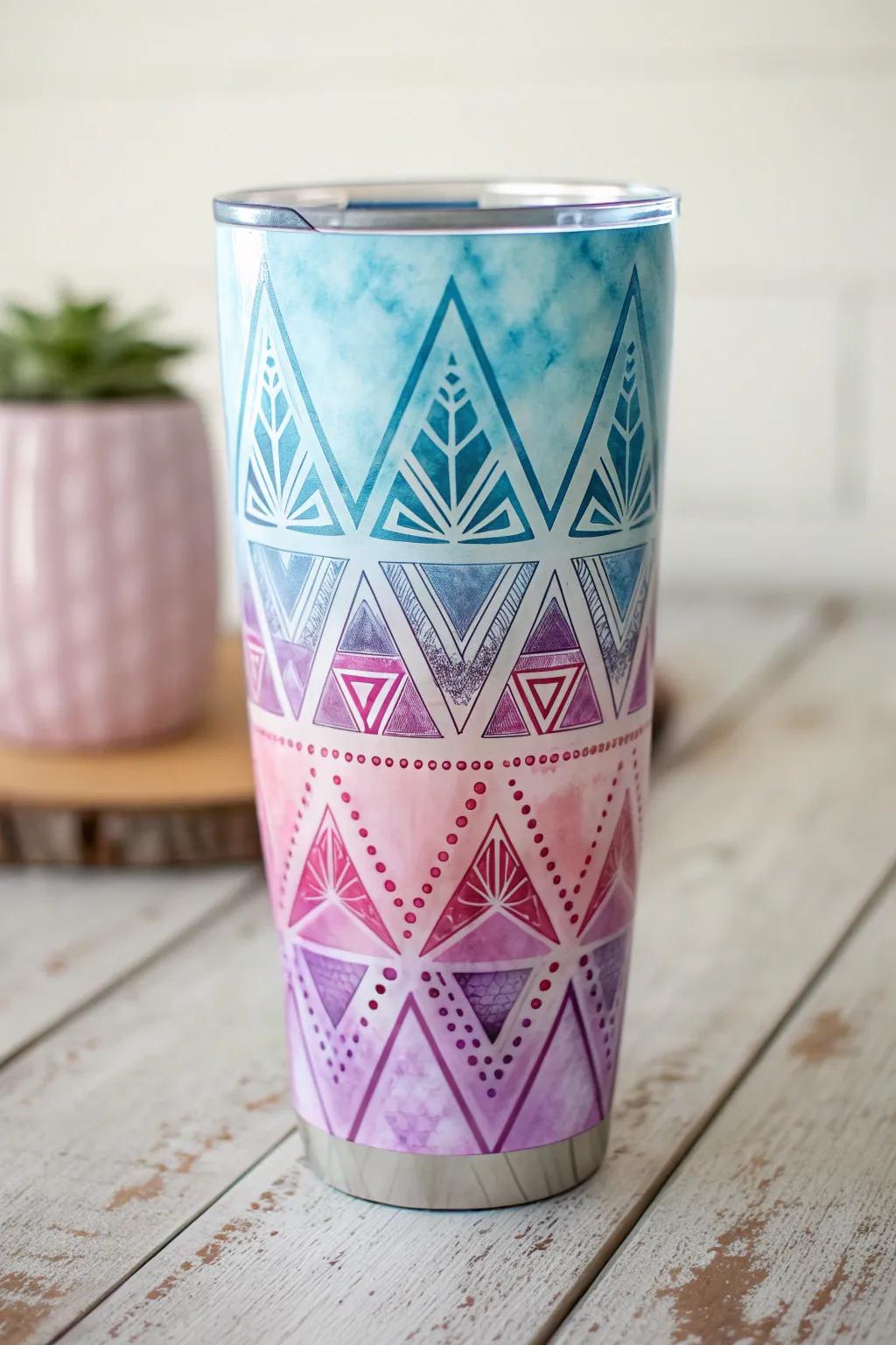 Elevate your drinkware with a chic geometric tie-dye tumbler that beautifully blends modern minimalism with bohemian charm.