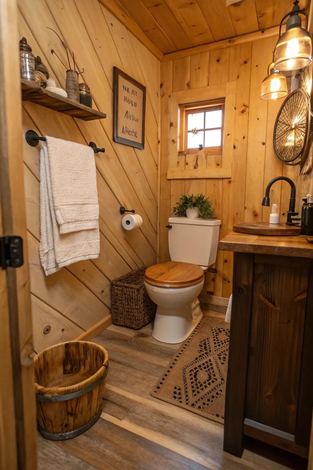 Wooden toilet seats add rustic charm and warmth.