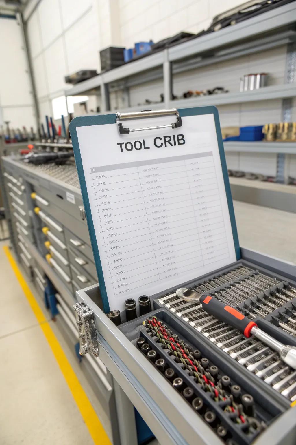 A neatly organized tool inventory list in a tool crib.